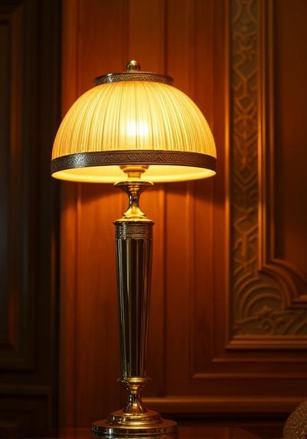 Detailaufnahme einer Art-Deco-Lampe und ornamentaler Wandverkleidung.