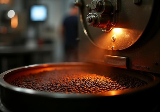 Eine glänzende Kaffeeröstmaschine in Aktion im Kaffeehaus Zenith.